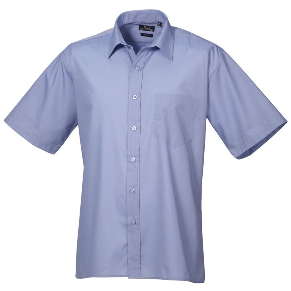 Premier Mens Short Sleeve Formal Poplin Plain Work Shirt / Mid Blue
